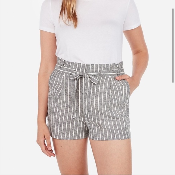Express High Rise Striped Paperbag Waist Linen Shortie Shorts MEDIUM - Picture 13 of 13